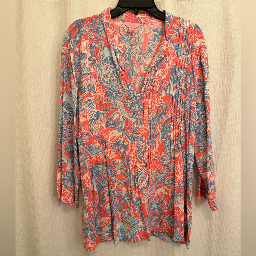 Lilly Pulitzer Coral, Light Blue & White Floral Pintuck Tunic